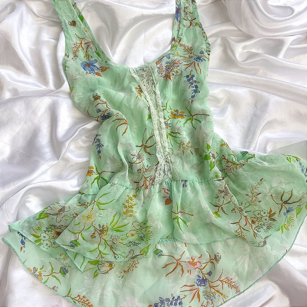 Degrees Mint Green Floral Lace Peplum Top Sheer Sleeveless Blouse Small